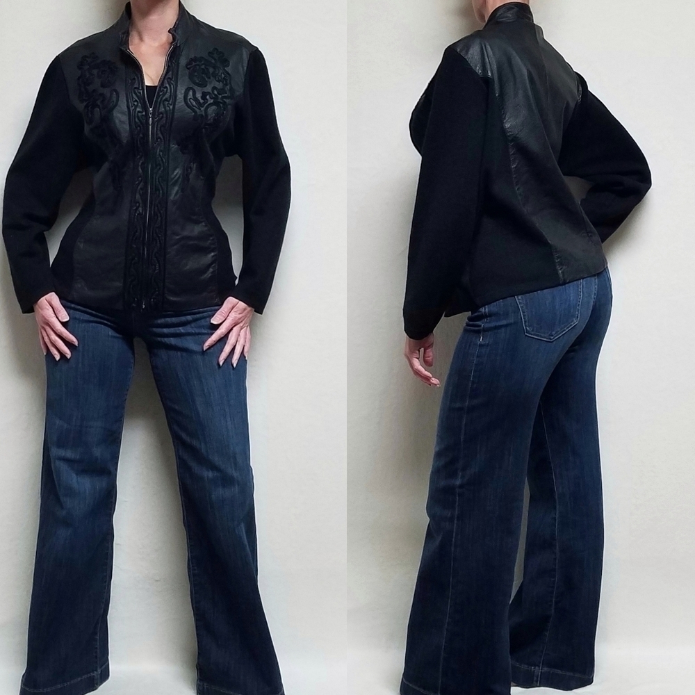 VINTAGE 80s Coldwater Creek Black Embroidered Leather Ribbed Knit Moto Jacket XL